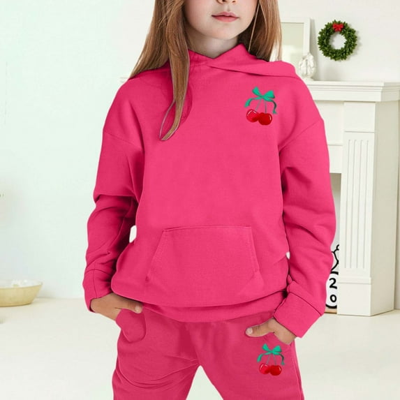 MAIHAN-Girls Winter Hoodie & Joggers Set 2-13 Years, Winter Hoodie and Pants 2-Piece Outfit, Cozy Warm Lined Sweatsuit for Boys and Girls(Hot Pink2,8-9Years)