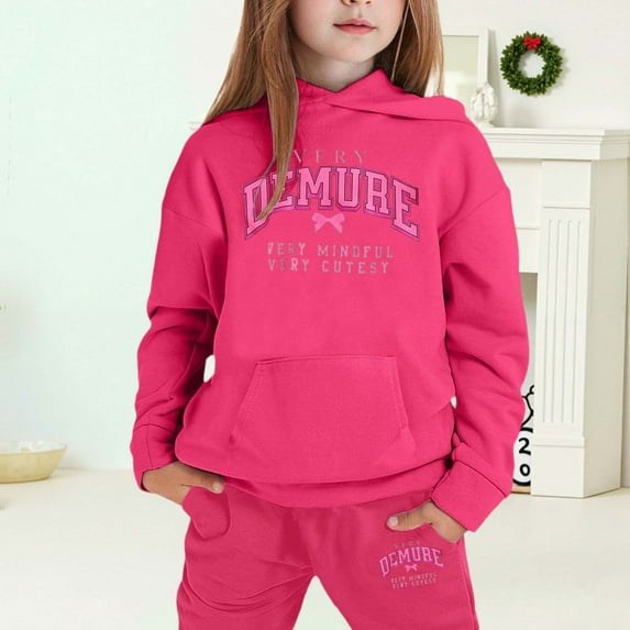 MAIHAN-Girls Winter Hoodie & Joggers Set 2-13 Years, Winter Hoodie and Pants 2-Piece Outfit, Cozy Warm Lined Sweatsuit for Boys and Girls(Hot Pink6,8-9Years)