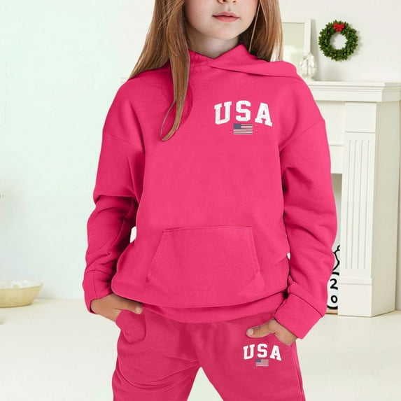 MAIHAN-Girls Winter Hoodie & Joggers Set 2-13 Years, Winter Hoodie and Pants 2-Piece Outfit, Cozy Warm Lined Sweatsuit for Boys and Girls(Hot Pink8,6-7Years)
