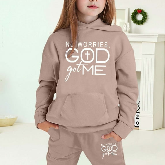 MAIHAN-Girls Winter Hoodie & Joggers Set 2-13 Years, Winter Hoodie and Pants 2-Piece Outfit, Cozy Warm Lined Sweatsuit for Boys and Girls(Khaki12,4-5Years)