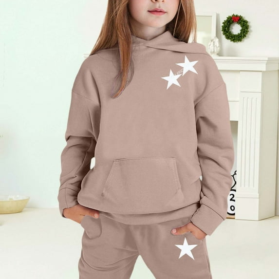 MAIHAN-Girls Winter Hoodie & Joggers Set 2-13 Years, Winter Hoodie and Pants 2-Piece Outfit, Cozy Warm Lined Sweatsuit for Boys and Girls(Khaki3,8-9Years)