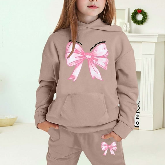 MAIHAN-Girls Winter Hoodie & Joggers Set 2-13 Years, Winter Hoodie and Pants 2-Piece Outfit, Cozy Warm Lined Sweatsuit for Boys and Girls(Khaki4,6-7Years)