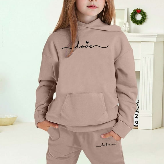 MAIHAN-Girls Winter Hoodie & Joggers Set 2-13 Years, Winter Hoodie and Pants 2-Piece Outfit, Cozy Warm Lined Sweatsuit for Boys and Girls(Khaki7,2-3Years)