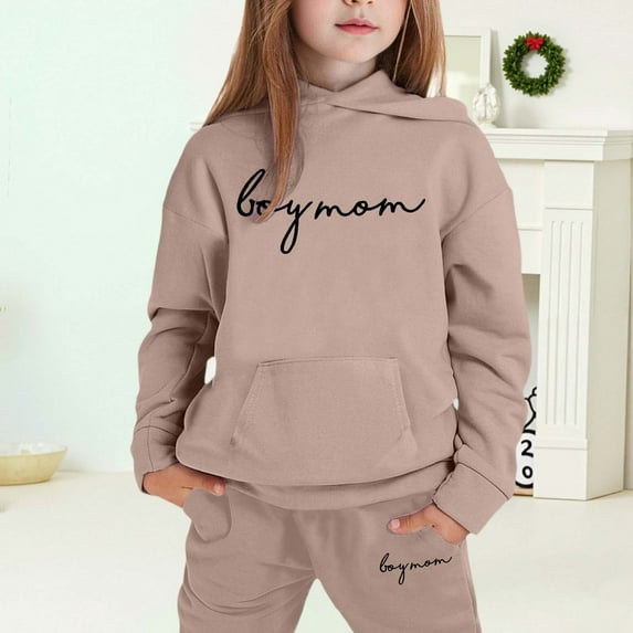 MAIHAN-Girls Winter Hoodie & Joggers Set 2-13 Years, Winter Hoodie and Pants 2-Piece Outfit, Cozy Warm Lined Sweatsuit for Boys and Girls(Khaki9,6-7Years)