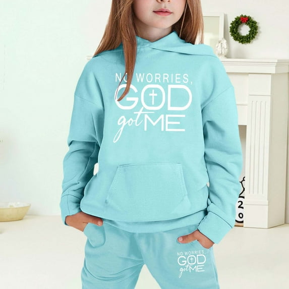 MAIHAN-Girls Winter Hoodie & Joggers Set 2-13 Years, Winter Hoodie and Pants 2-Piece Outfit, Cozy Warm Lined Sweatsuit for Boys and Girls(Light Blue12,6-7Years)