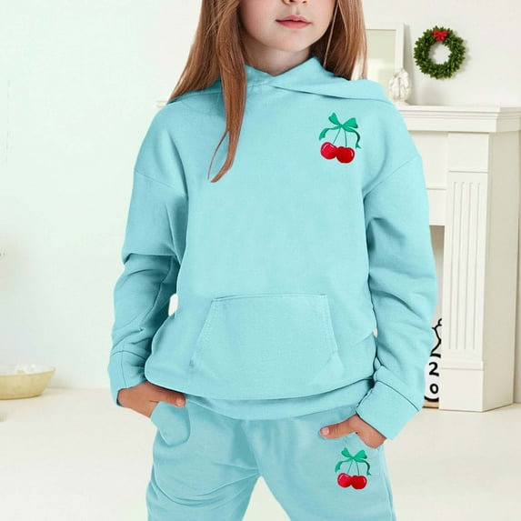 MAIHAN-Girls Winter Hoodie & Joggers Set 2-13 Years, Winter Hoodie and Pants 2-Piece Outfit, Cozy Warm Lined Sweatsuit for Boys and Girls(Light Blue2,10-11Years)