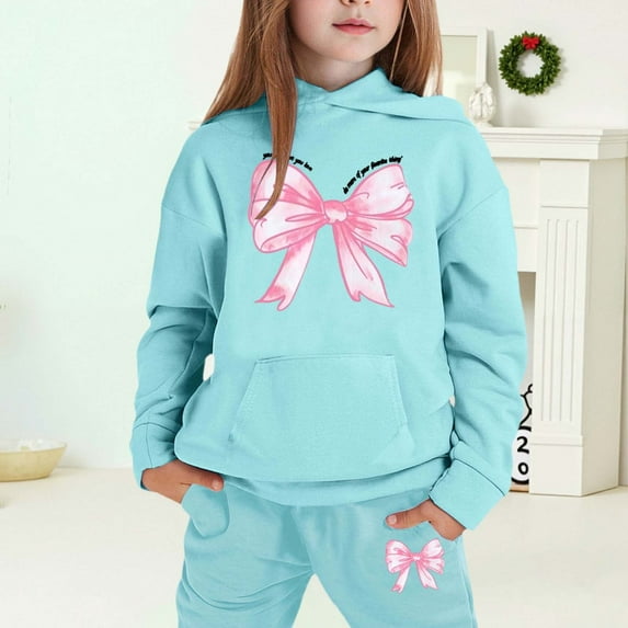 MAIHAN-Girls Winter Hoodie & Joggers Set 2-13 Years, Winter Hoodie and Pants 2-Piece Outfit, Cozy Warm Lined Sweatsuit for Boys and Girls(Light Blue4,6-7Years)