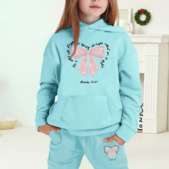MAIHAN-Girls Winter Fleece Hoodie & Joggers Set 2-13 Years, Winter Hoodie and Pants 2-Piece Outfit, Cozy Warm Lined Sweatsuit for Boys and Girls(Light Blue5,6-7Years)
