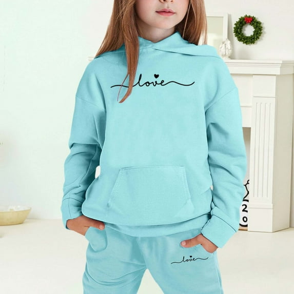 MAIHAN-Girls Winter Hoodie & Joggers Set 2-13 Years, Winter Hoodie and Pants 2-Piece Outfit, Cozy Warm Lined Sweatsuit for Boys and Girls(Light Blue7,10-11Years)