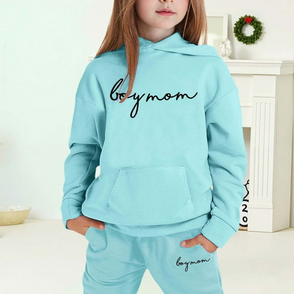MAIHAN-Girls Winter Hoodie & Joggers Set 2-13 Years, Winter Hoodie and Pants 2-Piece Outfit, Cozy Warm Lined Sweatsuit for Boys and Girls(Light Blue9,10-11Years)