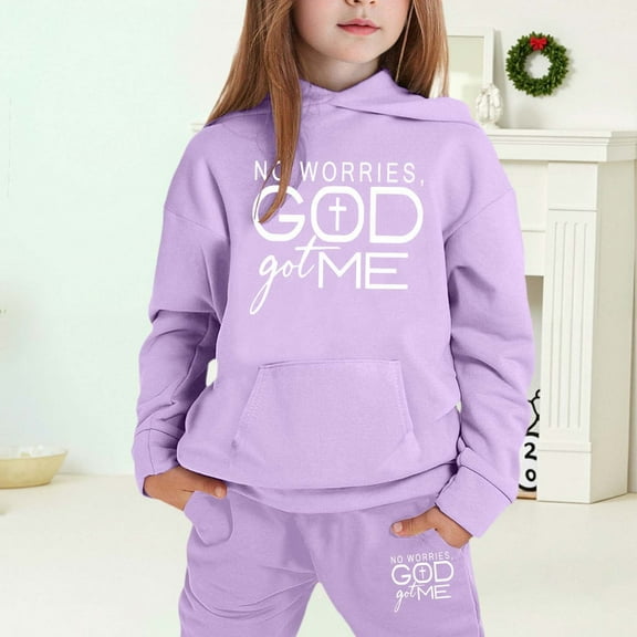 MAIHAN-Girls Winter Hoodie & Joggers Set 2-13 Years, Winter Hoodie and Pants 2-Piece Outfit, Cozy Warm Lined Sweatsuit for Boys and Girls(Light Purple12,4-5Years)