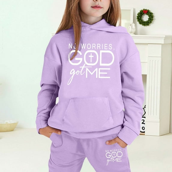 MAIHAN-Girls Winter Hoodie & Joggers Set 2-13 Years, Winter Hoodie and Pants 2-Piece Outfit, Cozy Warm Lined Sweatsuit for Boys and Girls(Light Purple12,6-7Years)