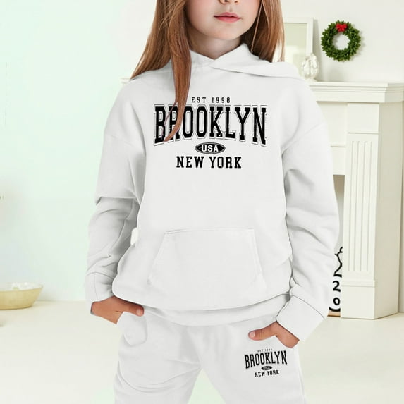 MAIHAN-Girls Winter Hoodie & Joggers Set 2-13 Years, Winter Hoodie and Pants 2-Piece Outfit, Cozy Warm Lined Sweatsuit for Boys and Girls(White11,2-3Years)