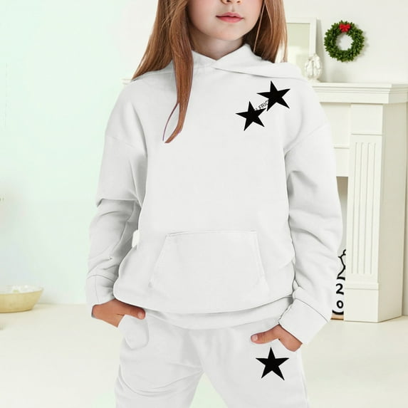 MAIHAN-Girls Winter Hoodie & Joggers Set 2-13 Years, Winter Hoodie and Pants 2-Piece Outfit, Cozy Warm Lined Sweatsuit for Boys and Girls(White3,10-11Years)