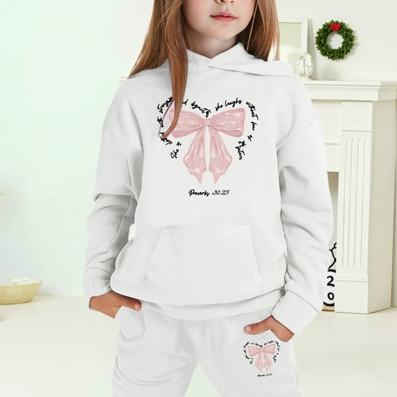 MAIHAN-Girls Winter Hoodie & Joggers Set 2-13 Years, Winter Hoodie and Pants 2-Piece Outfit, Cozy Warm Lined Sweatsuit for Boys and Girls(White5,10-11Years)