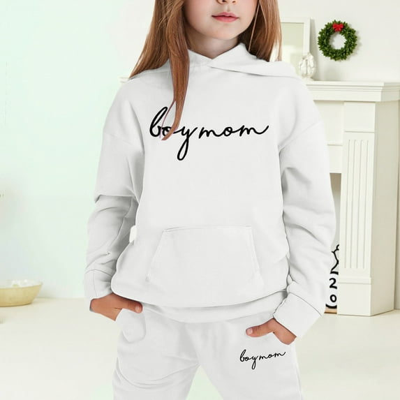 MAIHAN-Girls Winter Hoodie & Joggers Set 2-13 Years, Winter Hoodie and Pants 2-Piece Outfit, Cozy Warm Lined Sweatsuit for Boys and Girls(White9,6-7Years)