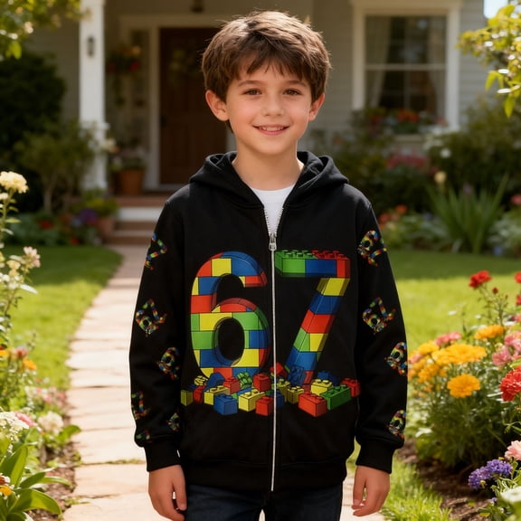 MAIHAN-Girls Winter Hooded Jacket 67 Sweatshirt Cartoon Printed Long Sleeve Zip Up Outerwear For Kids Soft Thicken Athletic Coat For Cold Weather Playful Graphic Pullover(Black,8-9Years)