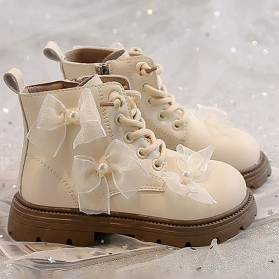 MAIHAN-IBGirls' Boots Kids Warm Bowknot Boots 3-11 Years, Girls Pearl Decor Fleece Lined Ankle Boots, Autumn Winter Stylish Footwea(Beige,12.5)