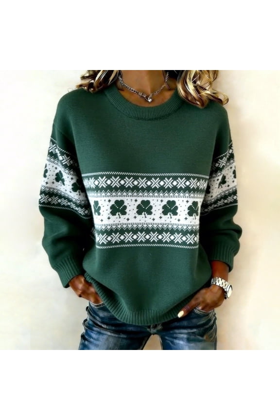 Irish Sweater Women St. Patrick's Day Knitted Sweater Shamrock Top Long Sleeve Crew Neck Casual Pullover Top(Green#03,M)