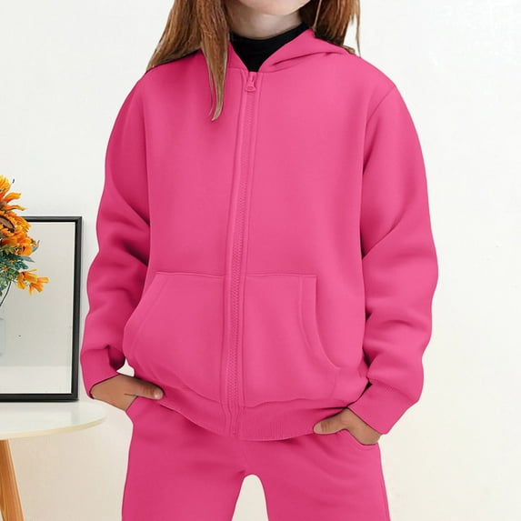 MAIHAN-Kids Tracksuit Set, Winter Hoodie and Pants 2-Piece Outfit with Drawstring, Cozy Warm Lined Sweatsuit for Boys and Girls, Casual Playwear Pajamas(Hot Pink,11-12 Years)