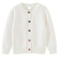 thumbnail image 1 of HUAXUN-Kids Knit Cardigan Sweater Long Sleeve Button Up Solid Color Round Neck Sweater, Cotton Blend Outerwear for Boys Girls, Casual Comfortable Pullover for Autumn Fall Season(White,5-6Years), 1 of 3