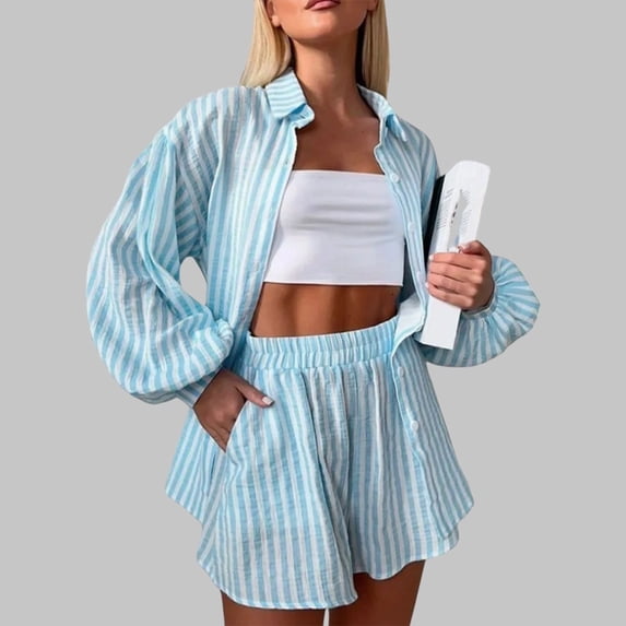 MAIHAN Linen Set Women Summer Loose Fit Long Sleeve Shirt and Elastic Waist Shorts Women 2 Piece Outfits Sets Casual Matching Lounge Sets Two Piece Outfit
