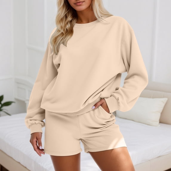 MAIHAN Linen Shorts Sets Women 2 Piece Outfits Long Sleeve Elastic Waist Shorts Suit Women 2 Piece Outfits Sets Casual Lounge Matching Set Tracksuit Two Piece Outfit