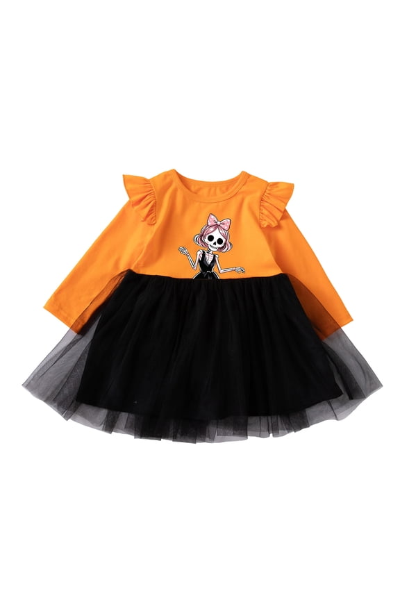 Long Sleeve Ruffle Shoulder Color Block Dress Mesh Layer Skirt Skeleton Graphic Print Outfit for Halloween Party Cosplay Occasion Wear (Orange,2-3 Years)