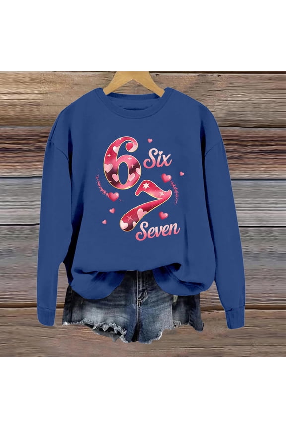 Matching Shirts for Couples Unisex Crew Neck Long Sleeve Heart Print Funny 6 7 Shirt Meme Six Seven Shirt Valentine's Day Print Sweatshirt(Blue,S)