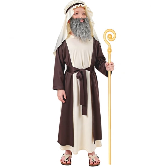 MAIHAN- Shepherd Set for Kids - 4-Piece Outfit with Staff, Scarf, Robe & Belt for Historical Play(Coffee,8-10 Years)