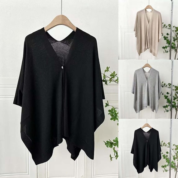 MAIHAN Shawl Wraps for Women,Button Front Knit Wrap,Thin Solid Color Cape Cardigan Shawl,Versatile Open Front Cover Up for Spring Autumn(Black)