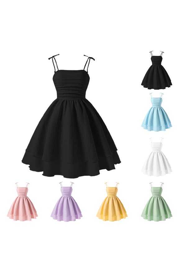 Solid Color Square Neck Spaghetti Strap Girl A-Line Short Dress, Ruched Waist Ruffle Edge Casual Dress Offered In Multiple Distinct Solid Shades For Daily (Blue,14-15 Years)