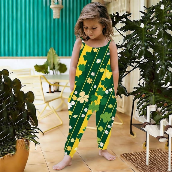 MAIHAN St Patricks Day Jumpsuits for Girls Overalls Shamrock Print Rompers with Adjustable Straps,Wide Leg Loose Fit Boho Floral Cute Outfits(Green2,3-4 Years)