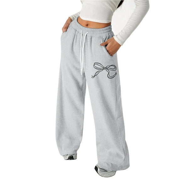 MAIHAN-Style D-Girls Bow Drawstring Baggy Sweatpants,Lightweight Straight Leg Athletic with Pockets Casual Sweatpants,Elastic Waist Playful Comfort Pants for School(Grey,6-7Years)