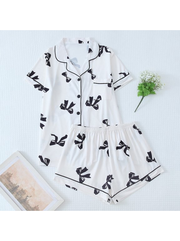 Summer Pjs for Women Set Short Sleeve Silky Pj Short Set Lounge Set Button Down Shirt Comfort Shirts and Shorts Loungewear