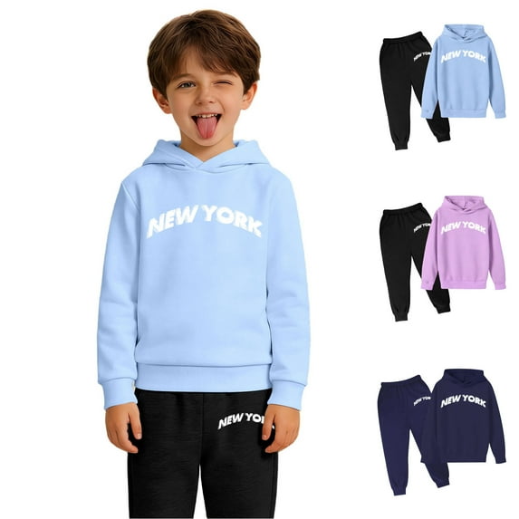MAIHAN Sweatsuits for Girls Boys' Active Tracksuit Set 2 Piece Athletic Letter Printed Hoodie Sweatshirt and Jogger Sweatpants Outfits(Light Blue,3-4 Years)