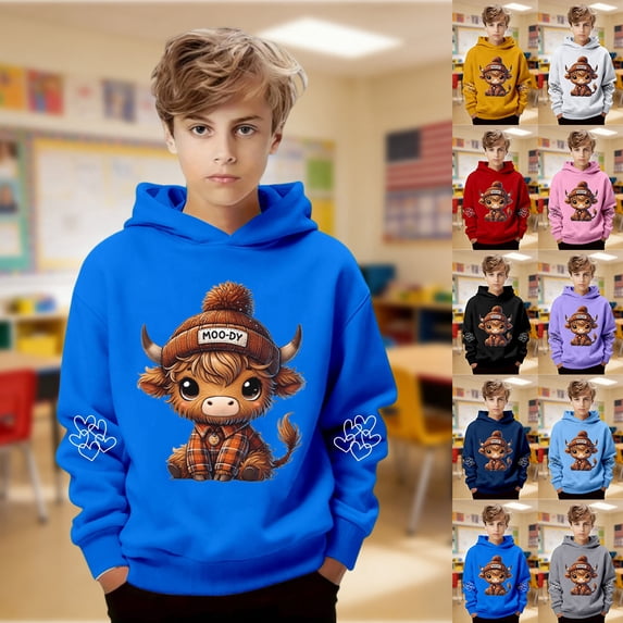 MAIHAN Teen Girl Hoodies Boys Highland Cow Sweatshirt Hoodie Cute Casual Fall Winter Sweatshirts Cowgirl Long Sleeve Pullover Tops(Navy,3-4 Years)