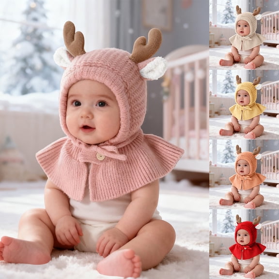 MAIHAN Toddler Winter Hat Baby Cute Reindeer Hat Knit Hat Scarf And Shawl Winter Warm Cap For Boys And Girls Soft Yarn With Neck Cover,Pink