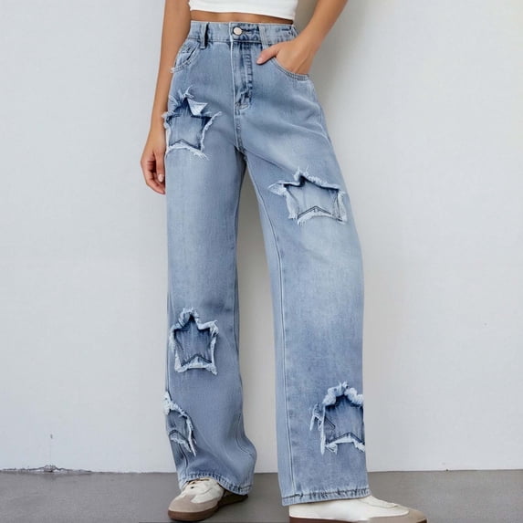 MAIHAN-Trendy Girls Baggy Wide Leg Jeans with Star Decorations, Elastic Waist Comfortable Pants for Casual Daily Wear, Loose Fit Denim for Girls 8-13 Years(Blue5,8-9Years)