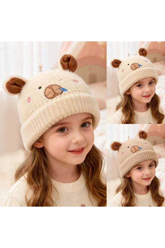 Winter Knit Beanie for Boys Girls Cute Bear Ear Thermal Comfort Thick Caps Kawaii Cold Weather Soft Cable Beanie,Khaki