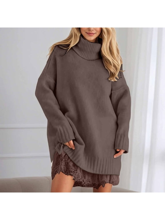Women 2 Piece Turtleneck Knitted Sweater Dress Set Matching Lace Full Under Dresses Layering Tunic Tops Winter Fall and Dress Layering Outfit(Brown,XXL)
