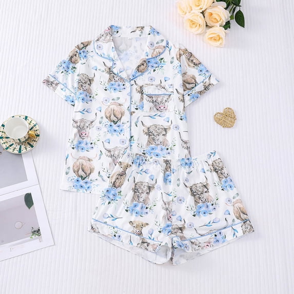 MAIHAN Women Pajamas Sets Short Sleeve Silky Pj Short Set Summer Soft Pajamas Set Button Shirt and Elastic Waist Shorts Pajama Set(Light Blue,XXL)