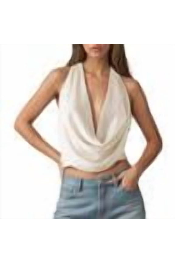 -Women Sequin Halter Cowl Neck Top Sleeveless Open Back Deep V Neck Sparkly Glitter Crop Top- Crisscross Strap Camisole with Adjustable Tie, Sparkling Party & Casual Blouse(White,M）