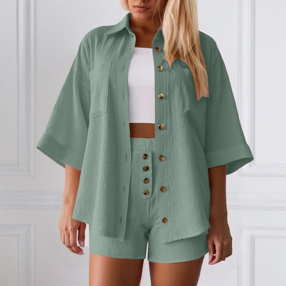 MAIHAN Women Shorts Sets Outfits Spring Outfits for Women 2026 Shirt and Shorts Set Shorts Set 2 Piece Outfit Cotton Outfits Sets