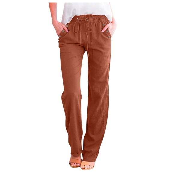 MAIHAN Women's Casual Cotton Linen Pants Fashion Drawstring Lightweight Summer Relax Fit Straight Leg Lounge Trouser(Red,L)