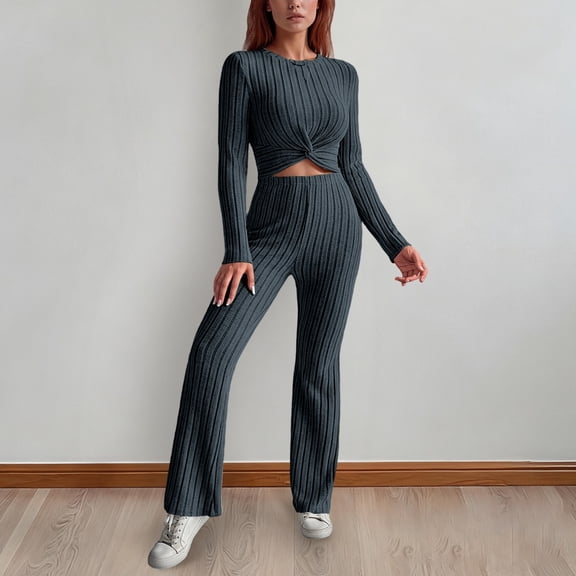 MAIHAN-Women's Fall Two Piece Outfits Asymmetrical Long Sleeve T Shirt Wide Leg Pants Lounge Sets for Women Casual Tracksuit,Long Sleeve Slightly Crop Top Wide Leg Pants Casual Sweatsuit(Blue,S)