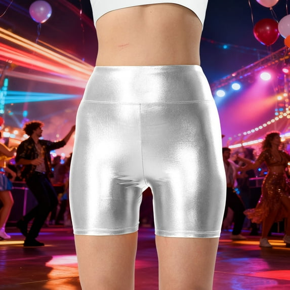MAIHAN-Women's Gold Print High Waist Leggings - High Waisted Metallic Shorts for Women - Shiny Silver Party Shorts, Stretchy Rave Bottoms for Dance Festival(Silver,XL)