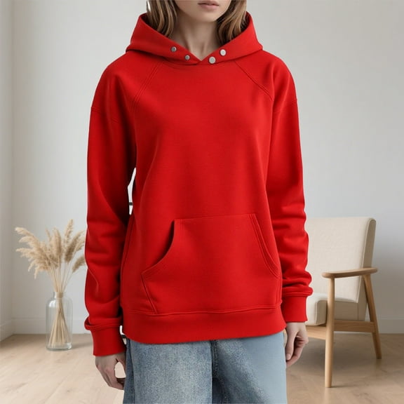 MAIHAN-Women's Hoodies And Sweatshirts For Everyday Wear LongSleeve Coat Oversized Drop-Shoulder Fleece Solid Color Hoodie-Loose Retro Versatile Hooded Sweatshirt for Fall & Winters(Red,S)