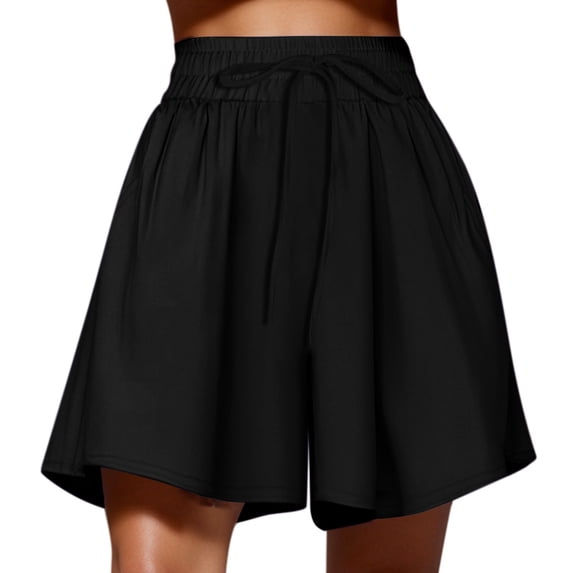 MAIHAN Women's Solid Color Loose Fit Yoga Shorts Drawstring Casual Sports Shorts Plus Size Stretch Running Training Bottoms for Summer Lounge Wear(Black,L)