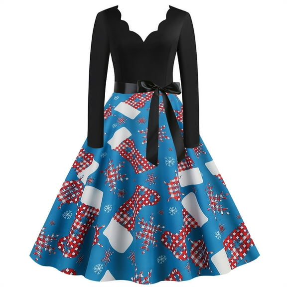 MAIHAN-Womens Christmas Dress Long Sleeve Xmas V Neck 1950S Housewife Evening Party Prom Party Beach Dress Classic Wear(Blue,XXL)